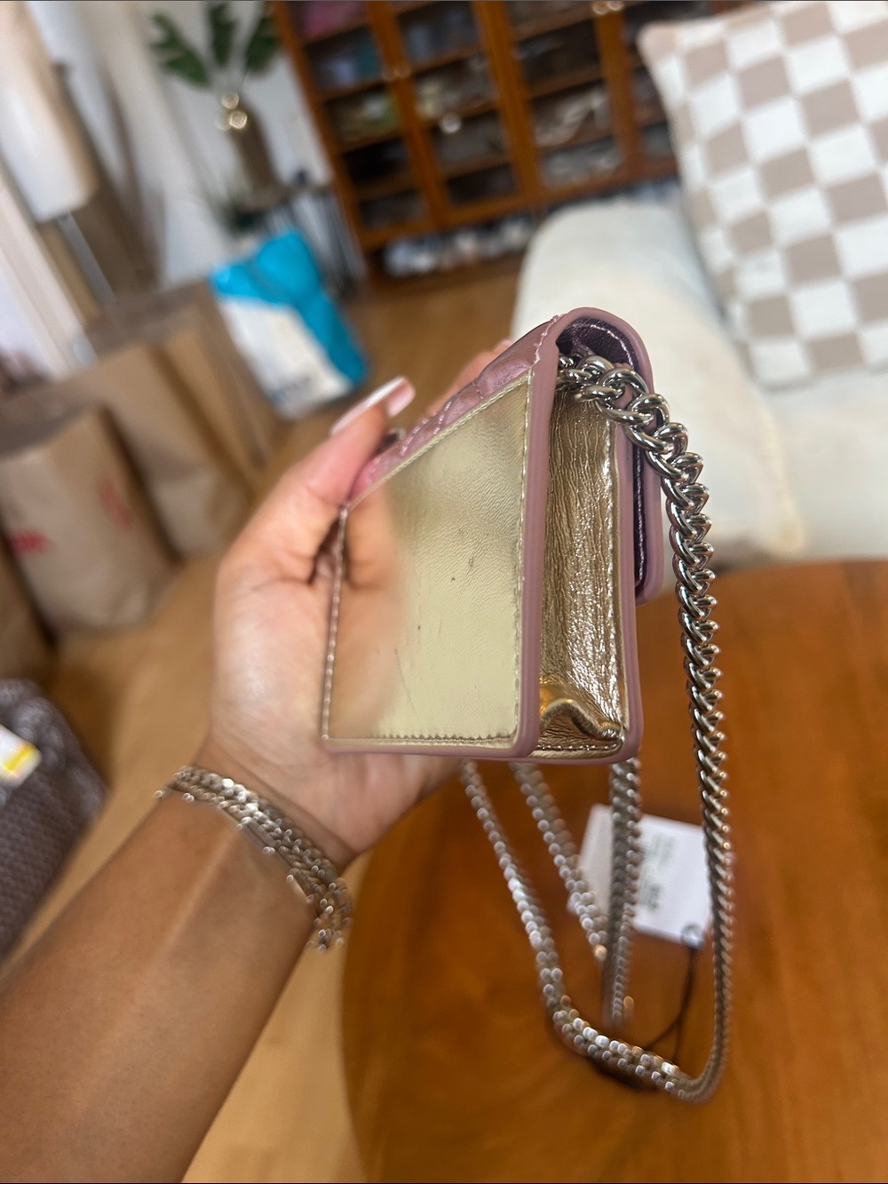 Kurt Geiger Pink and Blue Metalic Quilted Mini Crossbody with Chain - Picture 5 of 6